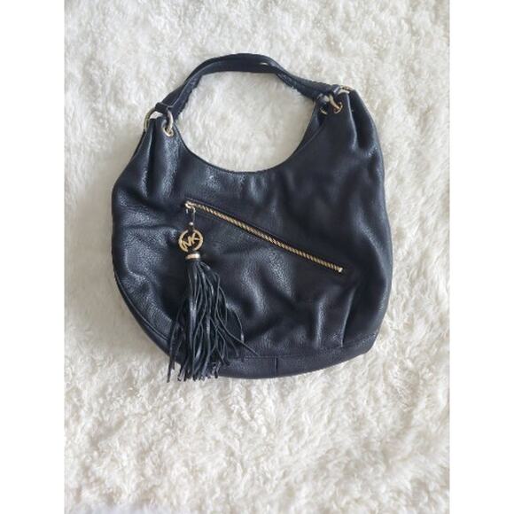 Michael Kors Black Hobo Pebble Leather MK Tassel Hobo Purse Large Bag Satchel - Picture 1 of 9